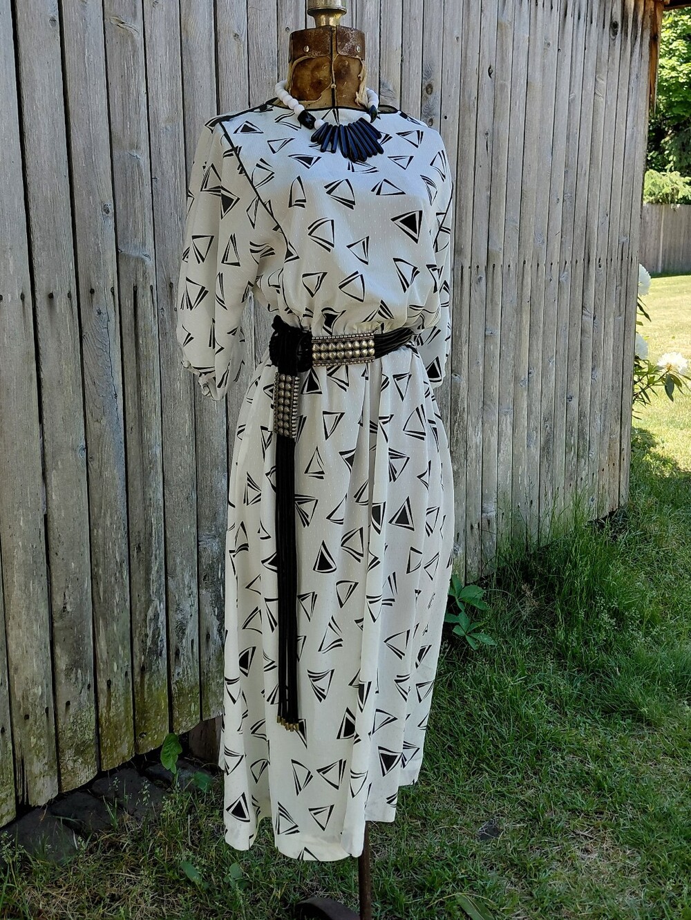 Vintage 80s Cheekaberry black white mod print midi dress Made in USA Womens M